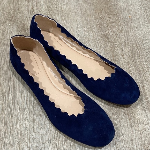 Chloe Lauren Navy Blue Scalloped Ballet Flats Suede